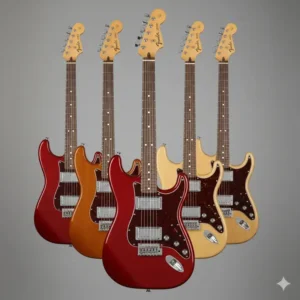 High-angle shot highlighting the two humbucking pickups and the 3-way pickup selector switch on the classic Fender Lead II guitar model.