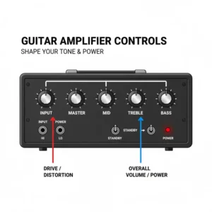 Detailed view of a guitar amplifier's controls, highlighting the Gain and Volume knobs used to control and shape the electric guitar power sound.