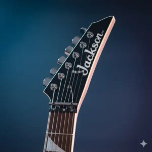 Angled view of the iconic Jackson pointed headstock and tuning machines on the jackson seven string guitar model.