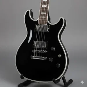 A sleek black electric guitar with eye-catching white body binding and chrome-plated volume/tone knobs for a sophisticated look.