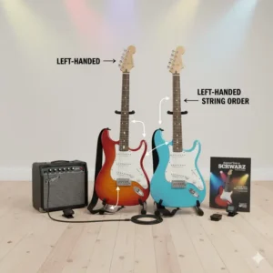 The volume and tone control layout on a custom-made electric guitar left handed for comfortable access.