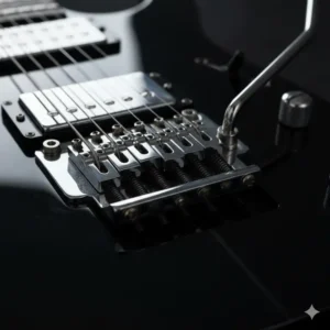 Close-up of the Floyd Rose tremolo system installed on a Jackson RR guitar, crucial for aggressive playing techniques.