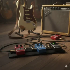 An effects pedalboard showing a distortion, delay, and tuner pedal connected between the electric guitar and amplifier.