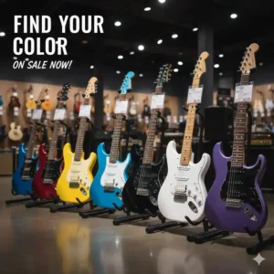 A vibrant selection of various colored electric guitars on sale on display, showcasing the wide range of instruments.