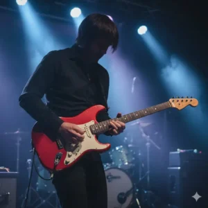 A musician playing a live performance with their vibrant red fender stratocaster on stage.