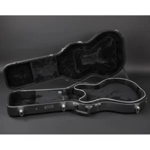 Open hard-shell case featuring a plush black and white interior, specifically sized for a standard electric guitar.