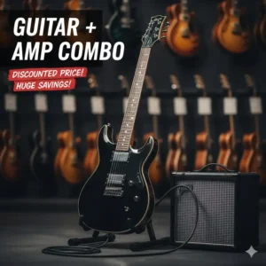 Image showing an electric guitar resting next to a small practice amplifier, available in a discounted combo of electric guitars on sale.