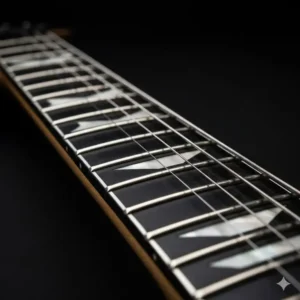A clear view of the fretboard on a Jackson RR guitar, showing the signature pearloid shark-fin inlays and the neck profile.