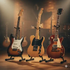 Three popular styles of electric guitar (Stratocaster, Telecaster, and Les Paul) displayed on stands.