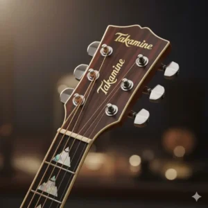 Detailed view of a Takamine electric guitar headstock featuring the Takamine logo and chrome tuners.