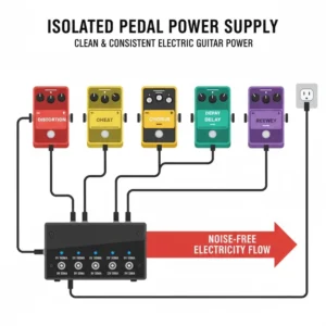 A dedicated isolated power supply unit (PSU) for a pedalboard, which is essential for consistent and noise-free electric guitar power to multiple effect units.