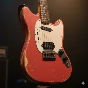 Full shot of the iconic offset body shape and 24-inch scale length of the fender kurt cobain mustang guitar.