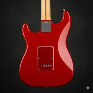 The back of the guitar body and neck plate of a stylish red fender stratocaster.