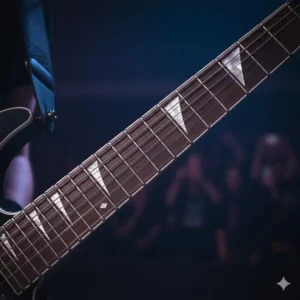 Detail shot of the classic Jackson sharkfin inlays along the fretboard of the jackson seven string guitar.