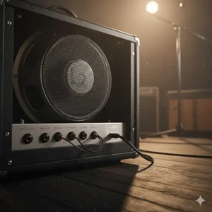 The back of an amplifier speaker cabinet showing the speaker cone and input/output jacks.