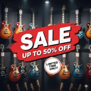 A bold "SALE" tag overlaying several electric guitars, emphasizing the price reduction on electric guitars on sale and current promotion.