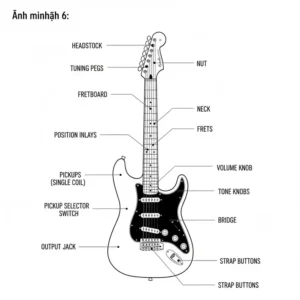 Labeled technical diagram illustrating the different parts of a black and white electric guitar, including the headstock, pickups, and body.