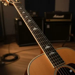 A side view illustrating the Venetian cutaway on a Takamine acoustic-electric guitar body, allowing easy access to higher frets.