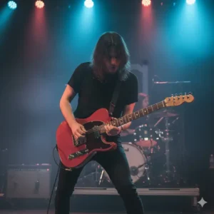 A guitarist actively playing a Fender Lead II guitar on stage during a live performance.