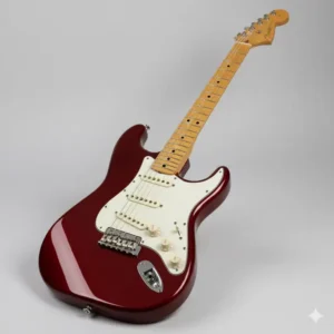 A side view highlighting the deep, rich finish of a Dakota red fender stratocaster model.