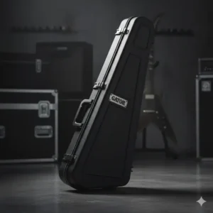 The custom-shaped hardshell case required for a Jackson RR guitar, providing protection due to its extreme V shape.