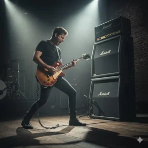 A musician on stage passionately playing an electric guitar through a large stage amplifier.