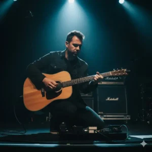 A musician playing a natural-finish Takamine electric guitar (acoustic-electric) on a stage under bright spotlights, showcasing its live performance appeal.