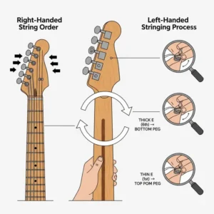 Step-by-step graphic showing how to correctly string an electric guitar left handed for optimal tuning stability.