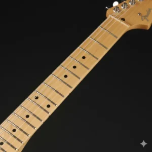 A side profile view of the C-shaped maple neck and fretboard of the Fender Lead II guitar, emphasizing playability.