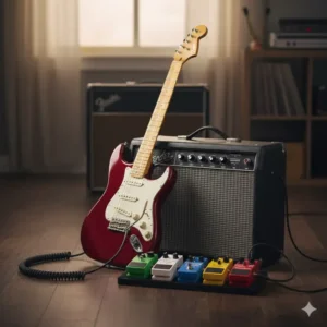 An electric red fender stratocaster leaning against a vintage guitar amplifier.