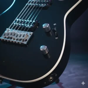 Close-up of the volume and tone knobs and three-way toggle switch on the body of the jackson seven string guitar.