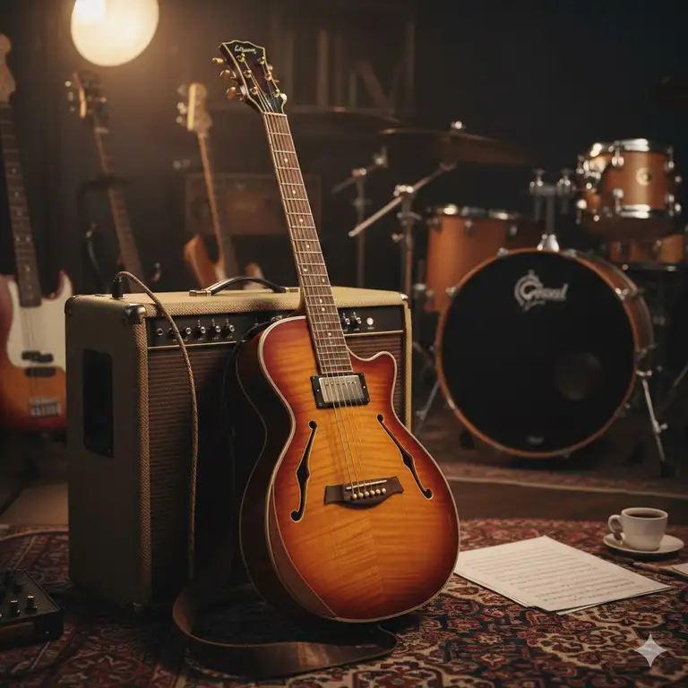 A premium sunburst thinline acoustic guitar leaning against a vintage amplifier in a music studio.