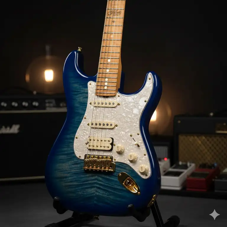 A professional photograph of a stunning, custom stratocaster electric guitar, showcasing a unique finish and high-quality hardware.