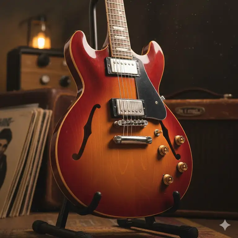 A glossy, vintage-style double cut guitar resting on a stand.
