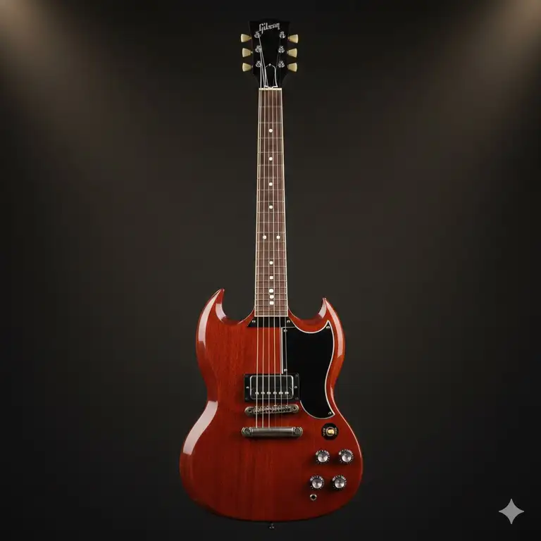A full-body view of a classic Gibson sg jr guitar in Vintage Cherry finish with a single P-90 pickup.