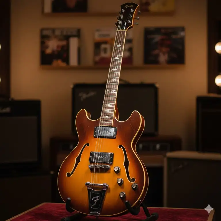 A striking image of a vintage Fender Coronado guitar in a sunburst finish, showcasing its unique semi-hollow body and dual F-holes.