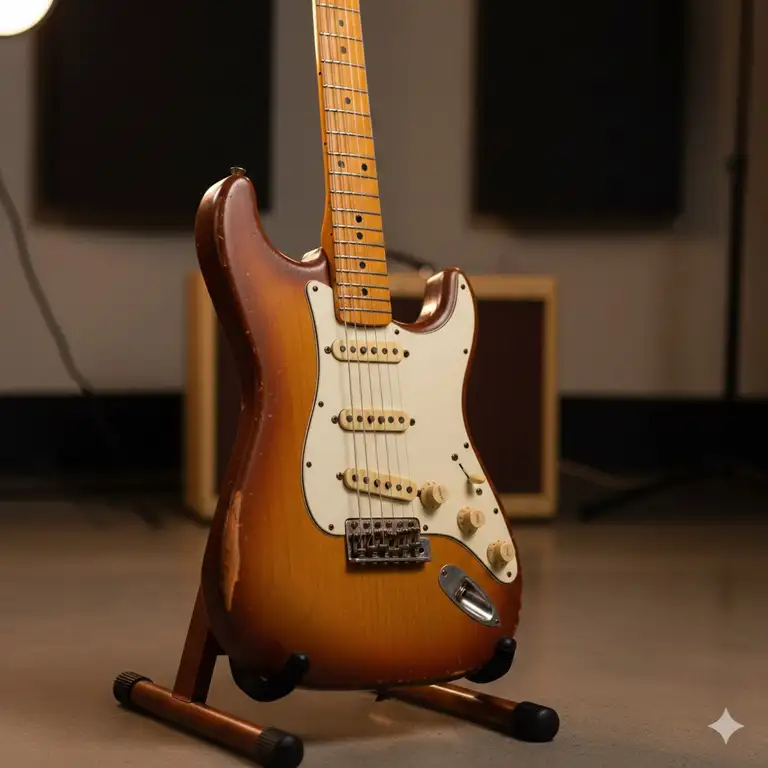 Featured Image: A sunburst finish 1954 Fender Stratocaster vintage electric guitar resting on a mahogany stand in a professional studio setting.