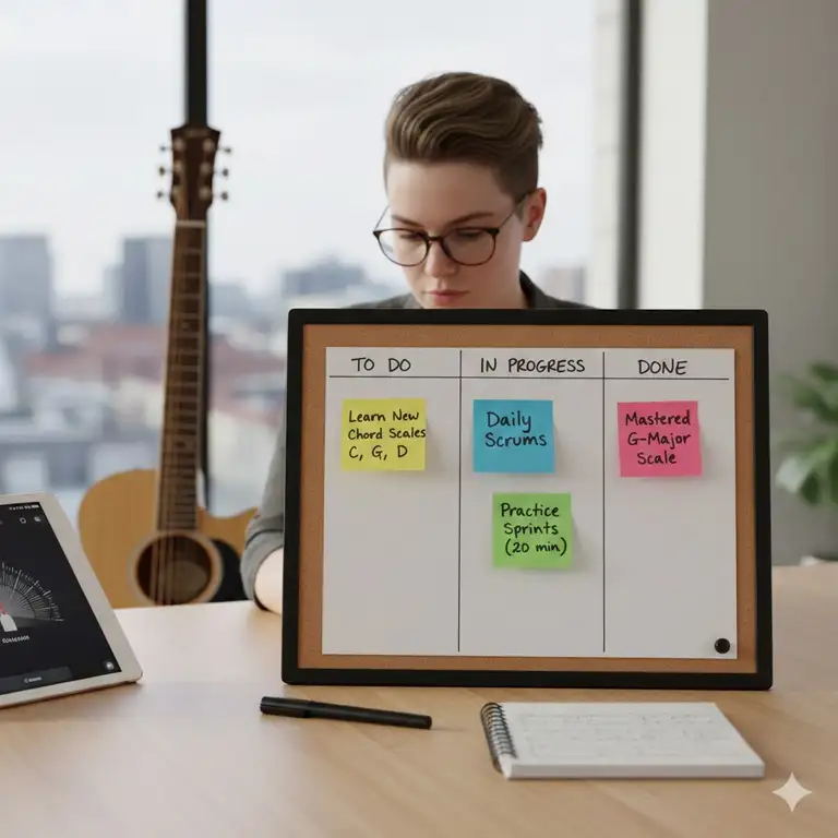 Agile guitar learner analyzing a handwritten sheet music task board with sticky notes labeled "Daily Scrums" and "Practice Sprints" on a clean, modern desk.