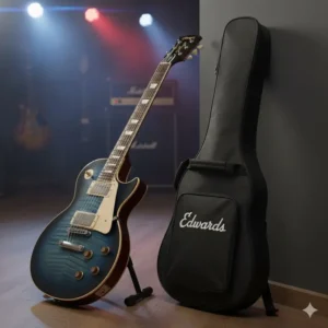 2 - The edwards guitar E-AM-150QM electric bass, known for its powerful sound and active circuitry for hard rock and metal genres.