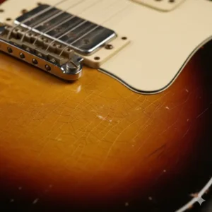 Illustration 1: Close-up detail of natural nitrocellulose finish checking on the body of an authentic vintage electric guitar.