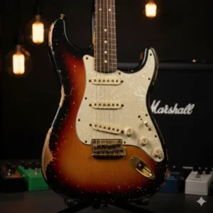 Close-up of a custom stratocaster body with a beautiful relic sunburst finish, showing intentional wear and aging.