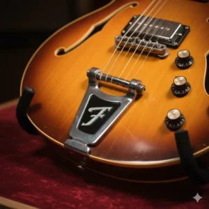 Close-up of the elegant Fender Coronado guitar's original vibrato tailpiece, a key feature of the V- and XII-models.