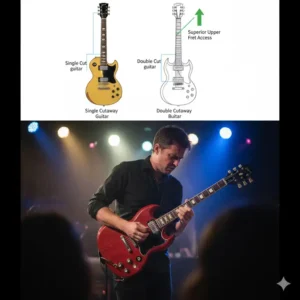 Close-up of a classic double cut guitar body style, highlighting the symmetrical horns.