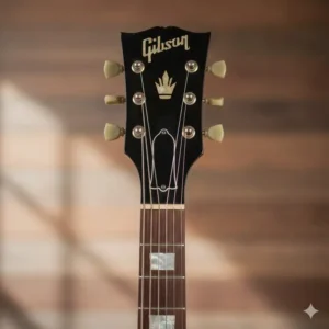 Close-up of the headstock on the gibson nighthawk guitar, clearly displaying the Gibson logo and tuners.