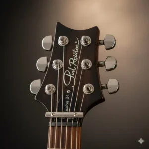 Close-up of a prs guitar headstock showing the iconic Paul Reed Smith signature logo.