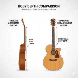 Side-by-side comparison showing the slim body depth of a thinline acoustic guitar versus a traditional dreadnought.