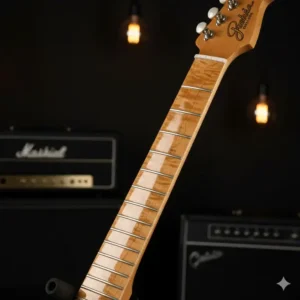 Detailed shot of a custom stratocaster neck with a bird's eye maple fretboard and a classic C-shape profile.