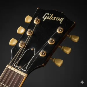 Illustration 2: The iconic open book headstock and gold logo of a 1950s Gibson Les Paul vintage electric guitar.