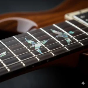 Detailed view of the trademark abalone bird inlays on a prs guitar rosewood fretboard.