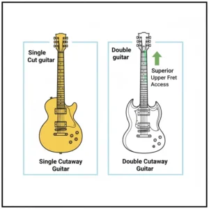 Diagram comparing a single cut guitar body shape next to a double cut guitar body shape to show the difference in upper fret access.